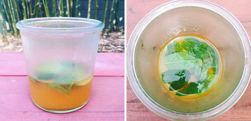 Peach mint shrub. This is after I added the apple cider vinegar and mint and let it chill in the fridge for a few days.